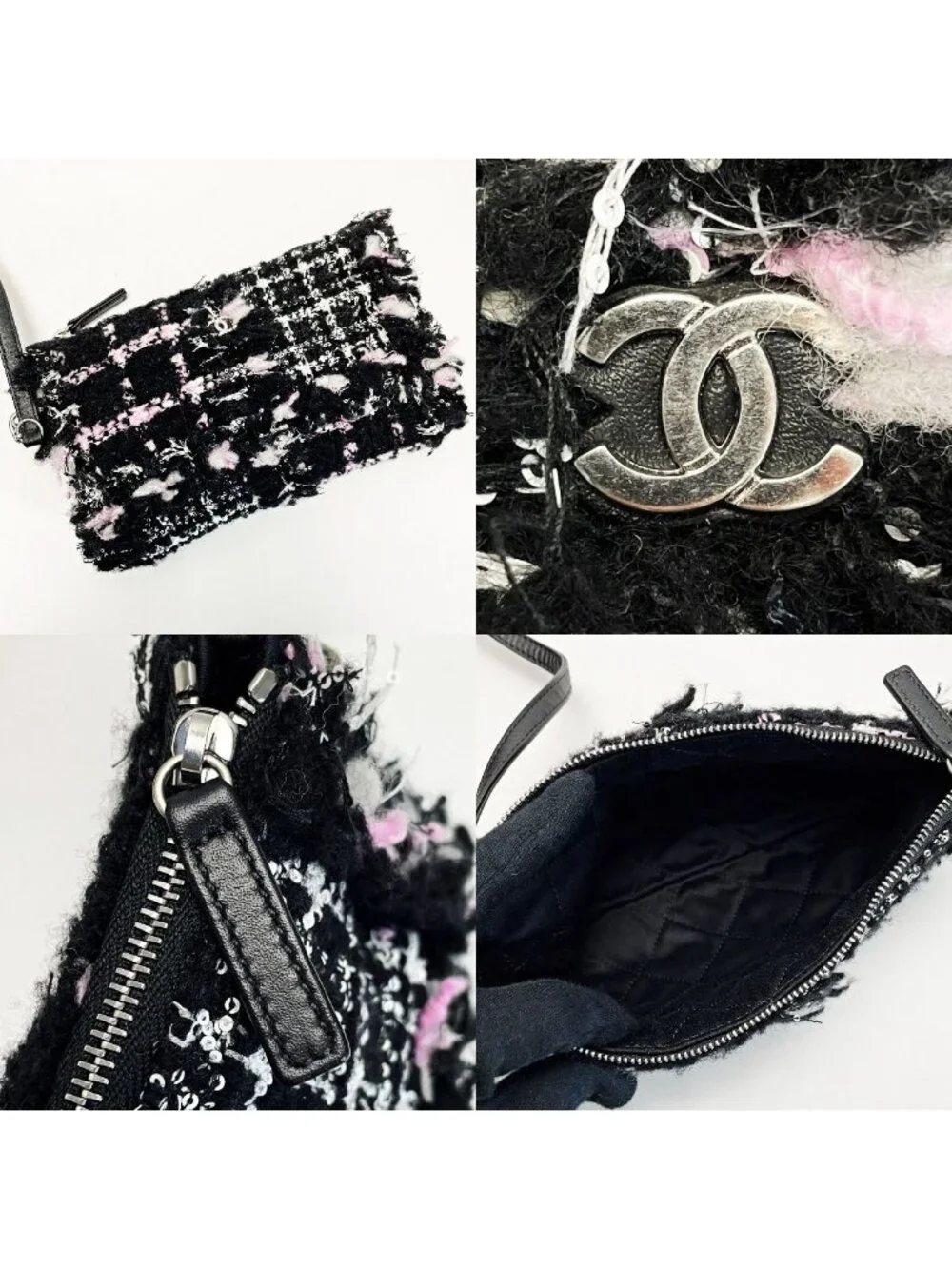 Chanel 22 Black Pink Shoulder Bag Tweed Silver